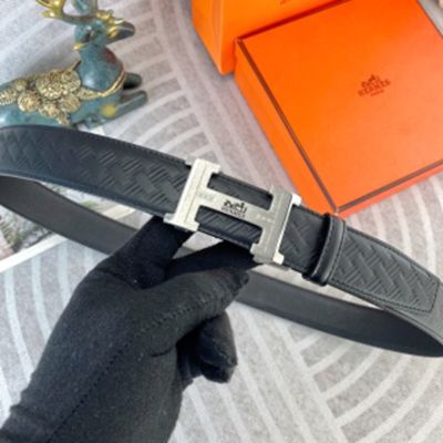 1:1  Hermes  Black Leather Belt  with Silver 'H' buckle  Buckle without Pattern 3.5cm